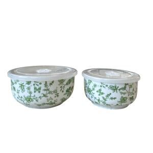 2pc Grace Pantry Porcelain Vented Lidded Storage Bowls Green & White Floral NEW